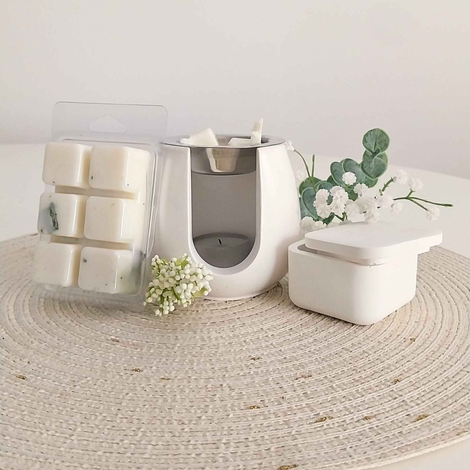 Kit con wax melt de citronela, quemador artesanal y cerillas decorativas