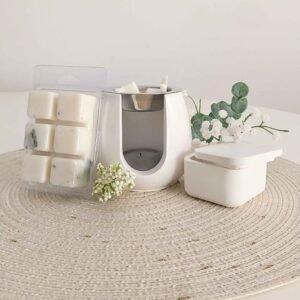 Kit con wax melt de citronela, quemador artesanal y cerillas decorativas