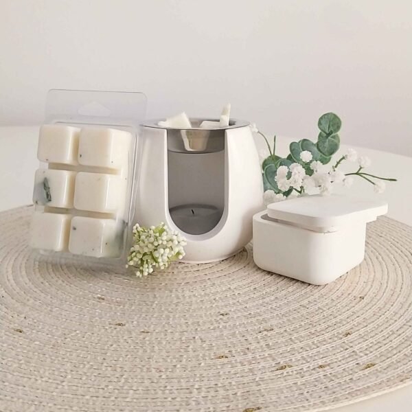 Kit con wax melt de citronela, quemador artesanal y cerillas decorativas