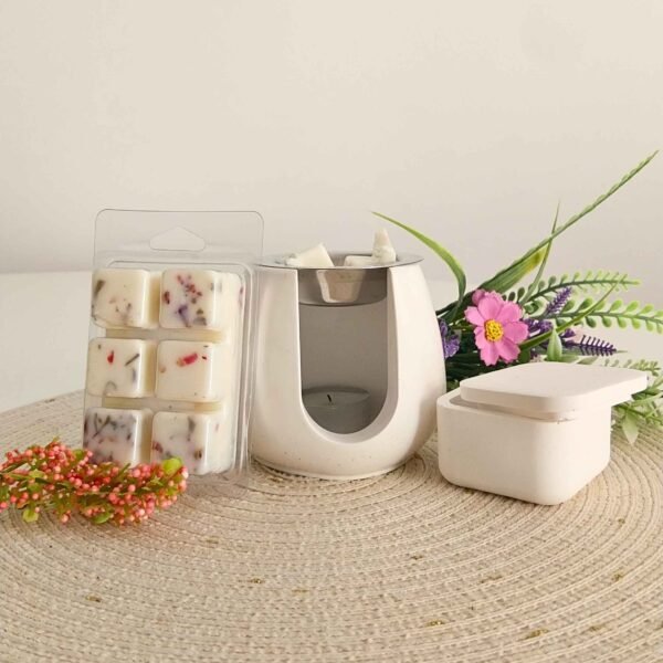 Kit de quemador con wax melt de sandalo y flor de cerezo con caja de cerillas